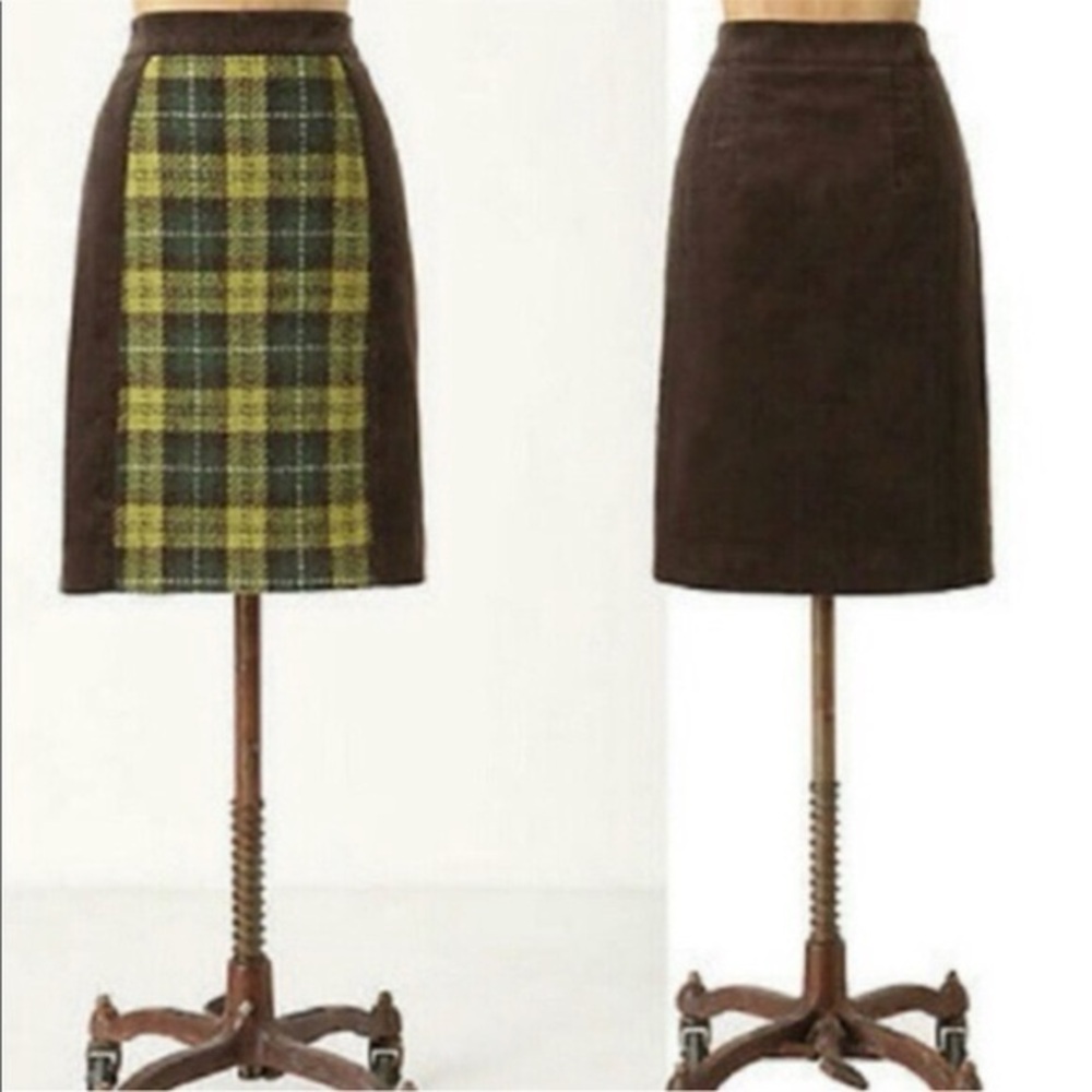 Maeve Anthropologie Brown Skirt Corduroy Green Plaid Accent 6